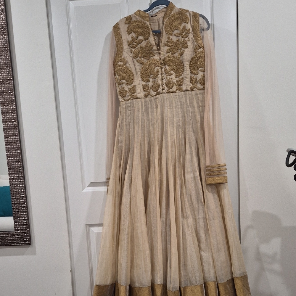 Embroidered Cream & Gold Long Sleeve Anarkali Dress